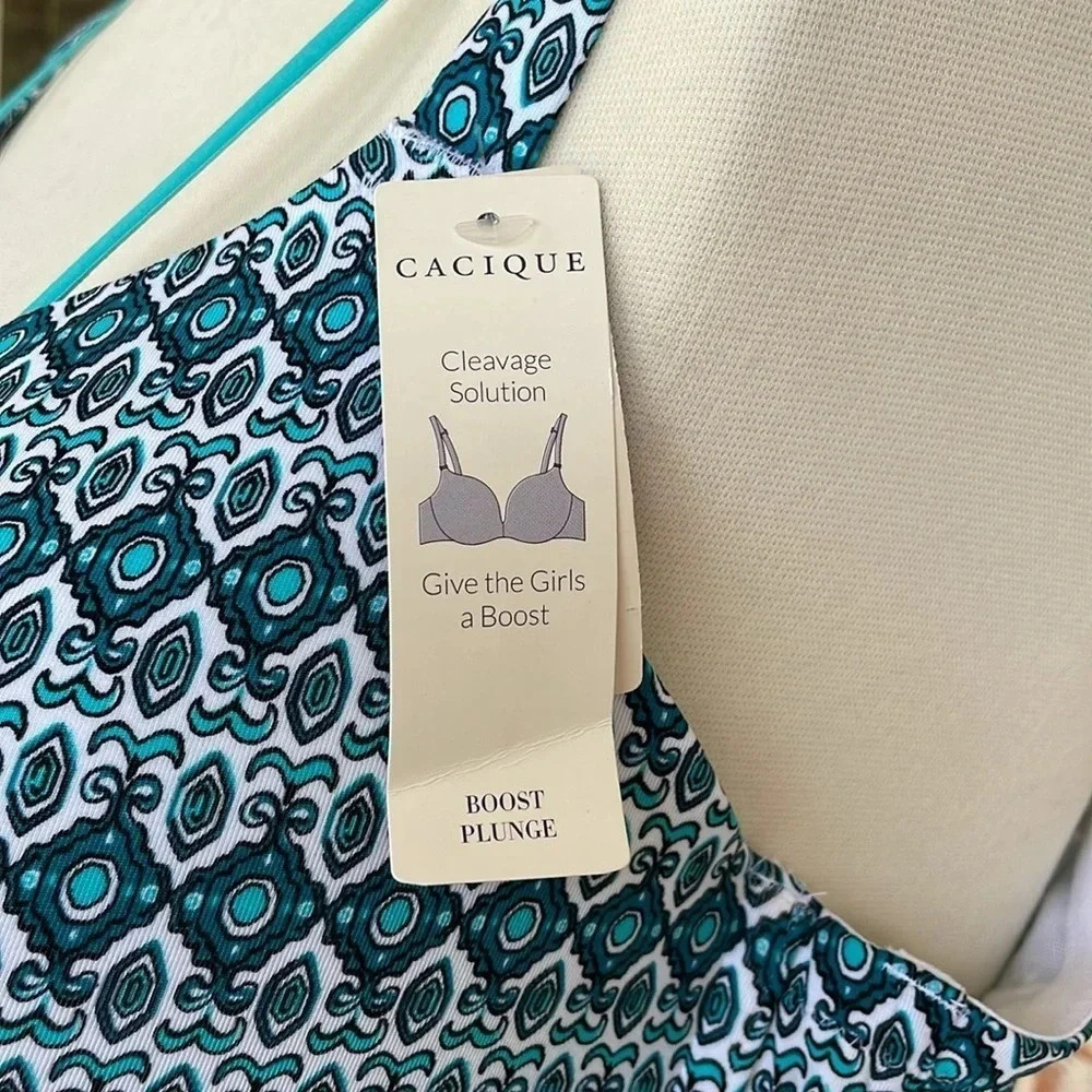 Cacique Teal White Geometric Boost Plunge Plus Size Bra - Picture 7 of 14